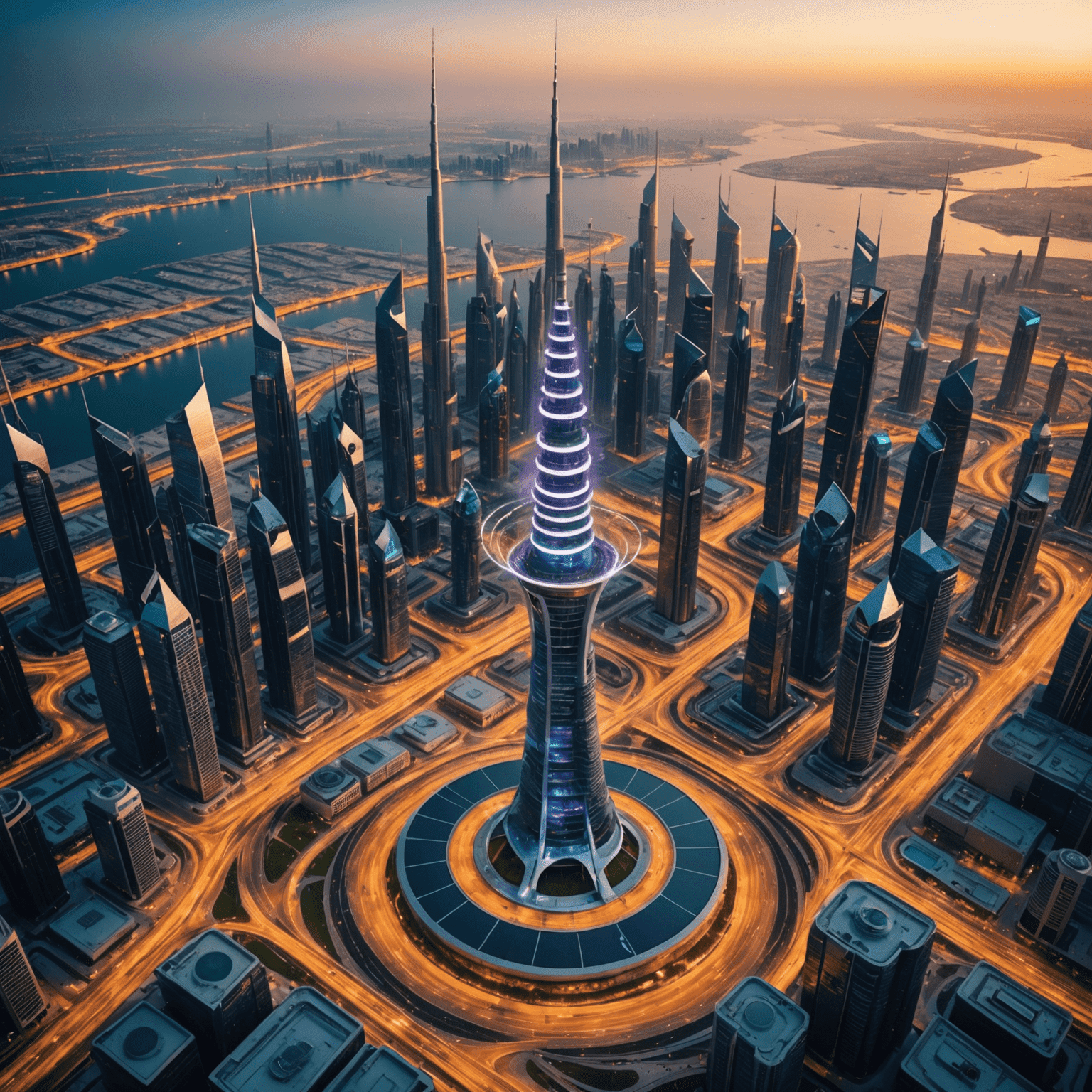 صورة توضيحية لشبكة الجيل الخامس في الإمارات، تظهر برج اتصالات حديث وسط مدينة عصرية مع رسومات تمثل سرعة نقل البيانات