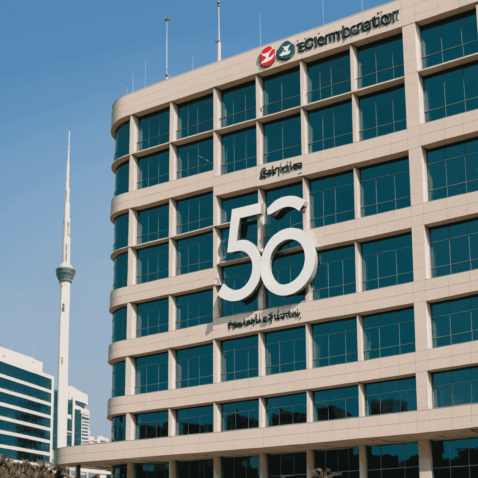 صورة توضيحية لمبنى هيئة تنظيم الاتصالات في الإمارات العربية المتحدة مع شعار 5G في المقدمة