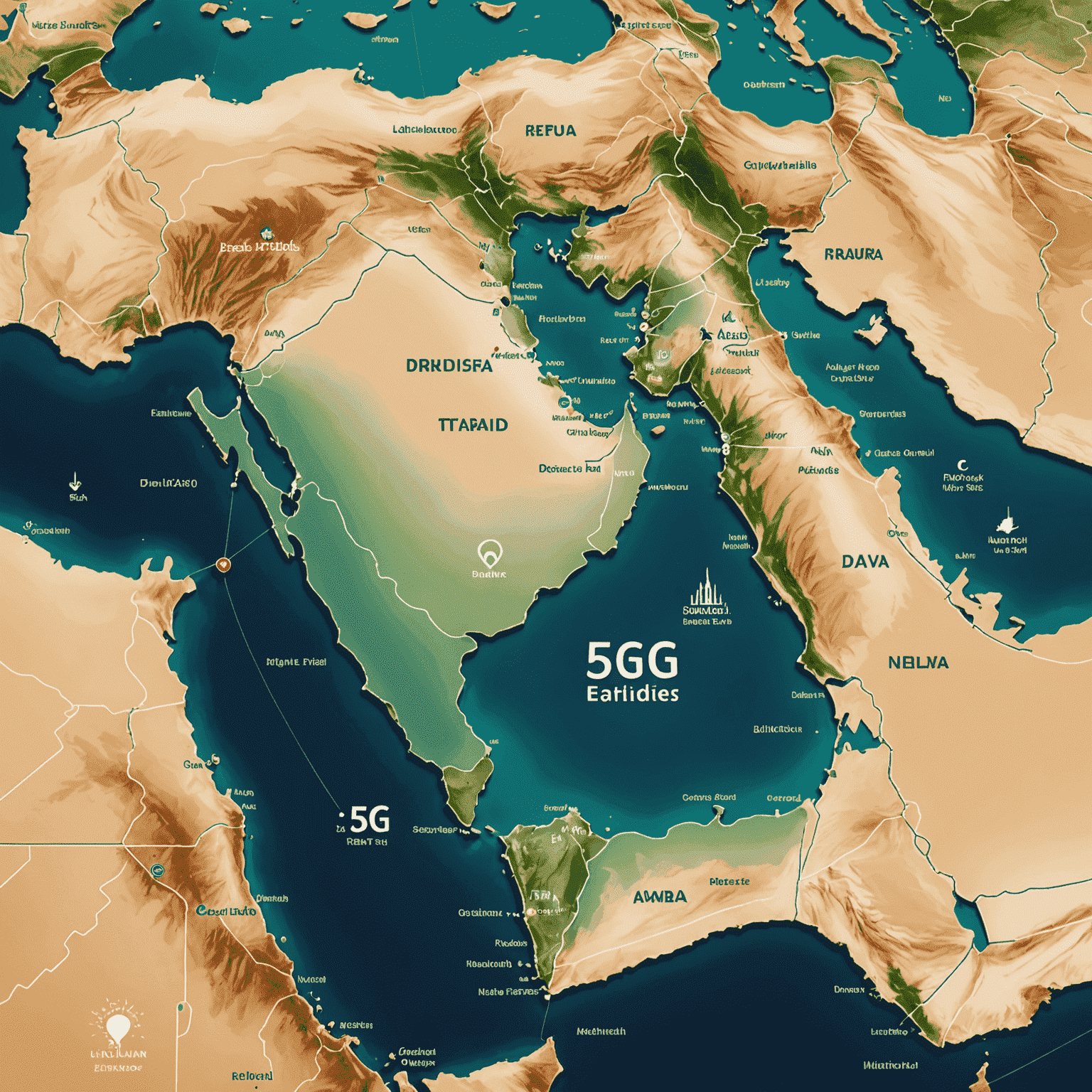 خريطة الإمارات العربية المتحدة تظهر تغطية شبكات الجيل الخامس بألوان متدرجة، مع أيقونات الأبراج في المدن الرئيسية