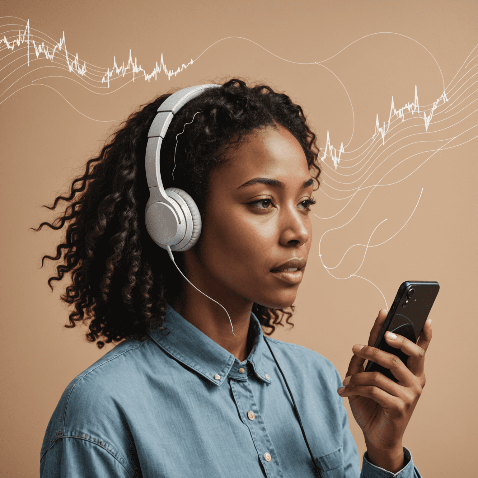 صورة لشخص يستخدم هاتفًا ذكيًا لإجراء مكالمة صوتية، مع رسوم توضيحية لموجات صوتية تنبعث من الهاتف