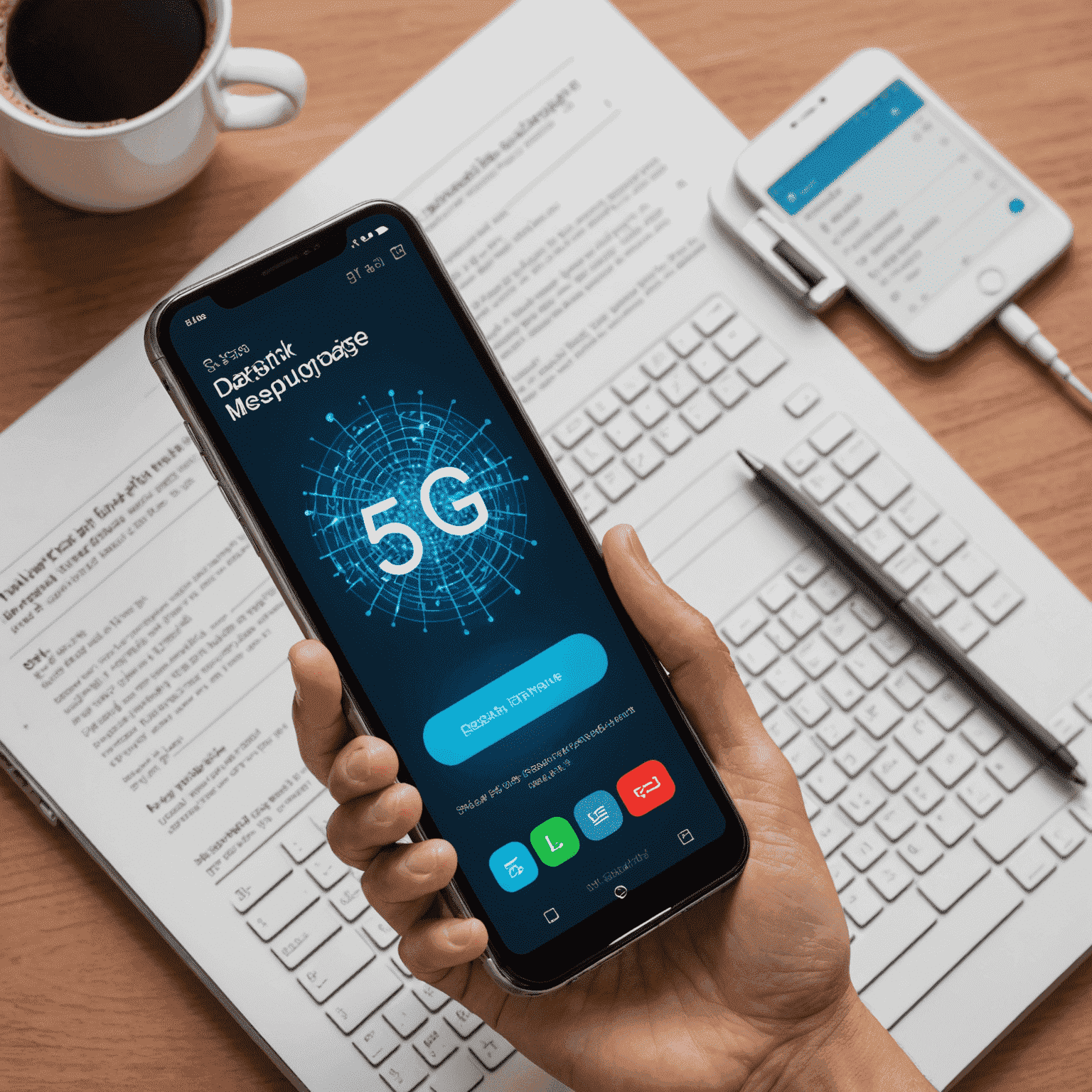 صورة توضيحية لخدمات الرسائل القصيرة SMS تظهر هاتفًا ذكيًا يعرض رسائل نصية متعددة على خلفية تمثل شبكة 5G في الإمارات العربية المتحدة