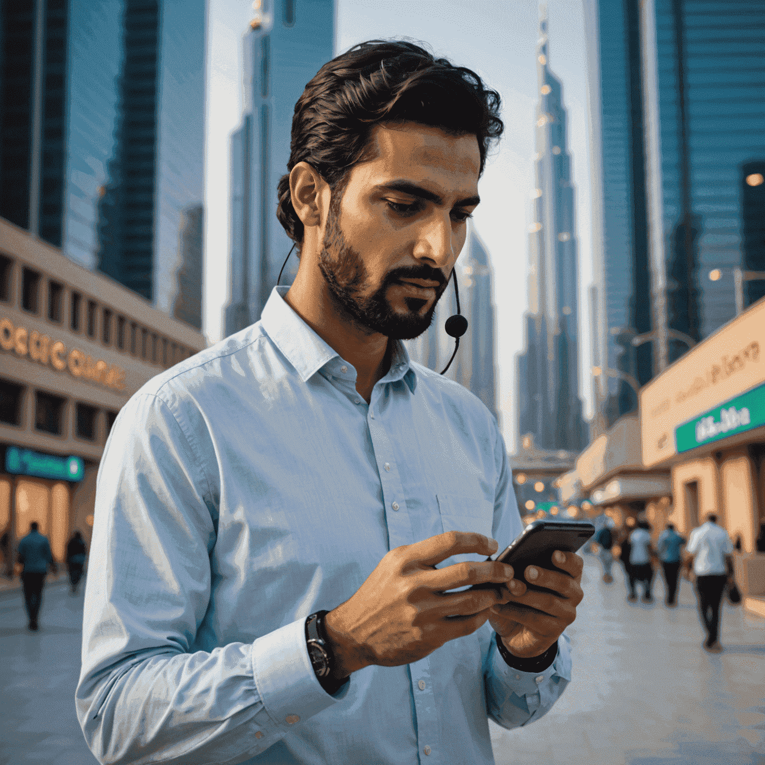صورة توضيحية لشخص يستخدم خدمة الاتصال عبر بروتوكول الإنترنت على هاتف ذكي متصل بشبكة 5G في دبي