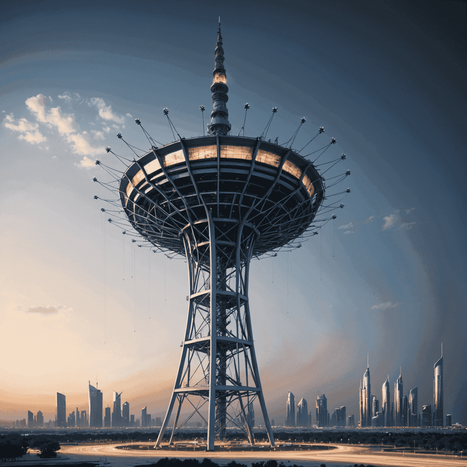 صورة لبرج اتصالات 5G في أبوظبي مع رسم توضيحي لتدفق البيانات