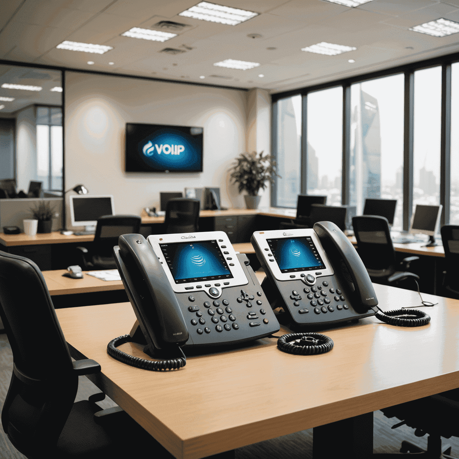 صورة توضيحية لخدمات VoIP تظهر مكتبًا حديثًا مع أجهزة اتصال VoIP وشعار لشركة اتصالات إماراتية